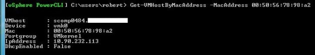 Get-VMHostByMacAddress-2 Output of the Get-VMHostByMacAddress PowerCLI function